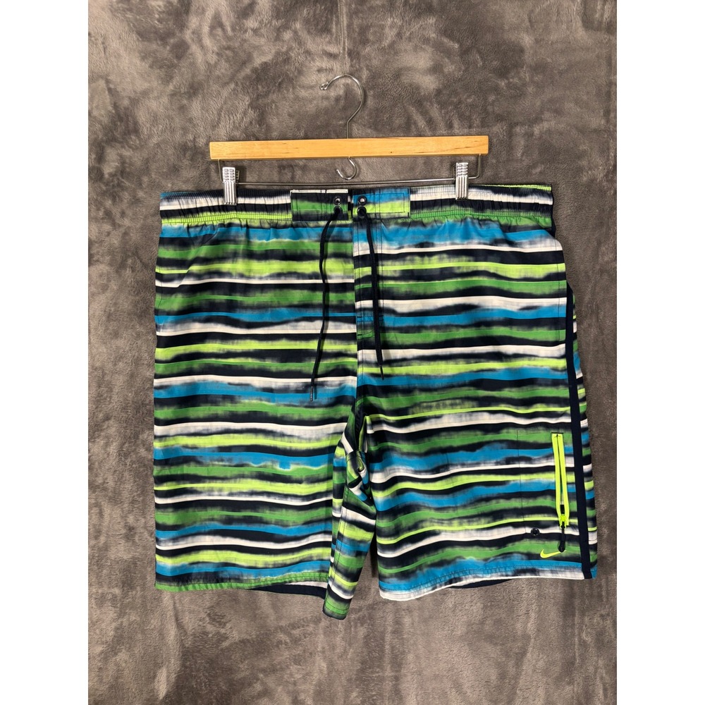 Nike Mens XL Swim Trunks Blue Green Striped Mesh Lined Board Shorts 2360